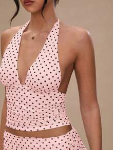 Women's Polka Dot 2 Piece Skirt Sets Vintage Halter V-Neck Top And Ruffle Layered Mini Skirt Summer Y2k Outfits - 粉色 - 查看 8