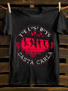 Camiseta gráfica estilo vintage "Los niños perdidos", camiseta de cuello redondo 100% algodón, top de tejido de punto de manga corta, ropa casual para adultos en todas las estaciones - Negro - Ver 8