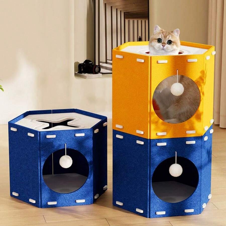 1pc Felt Cat Scratching Board & Cat Bed 2-In-1 Cat Toy, New Design Cat Bed Bucket, Double Layer Cat Climbing Tree - Multicolor - View 1