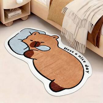 1 Pc Soft & Cozy Cartoon Sleeping Capybara Mat - Plush Imitation Cashmere, 6mm Thick, Non-Slip Vinyl Backing, Machine Washable, Perfect For Bedroom Or Entryway Decor, Valentine's/Graduation Gift Idea, Indoor Comfort Mat | Cartoon Animal Design | Vinyl Backed Mat, Rugs For Bedroom