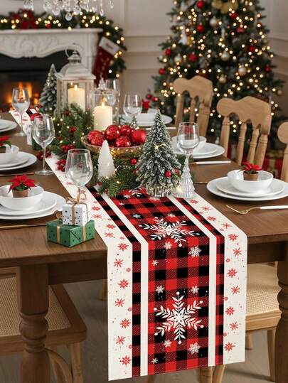1 peça/15 peças de caminho de mesa de linho natalino, caminho de mesa xadrez de floco de neve preto e branco, Feliz Natal, adequado para casa, restaurante, decoração de mesa de jantar