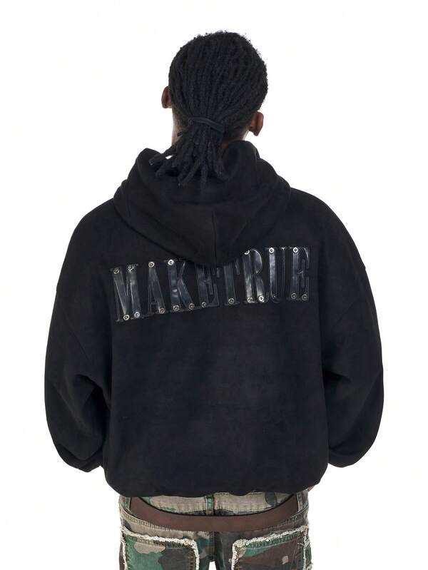 MT99 MT99 Heavyweight Hoodie Sweatshirt For Men, American Suede Fabric With Rivets, Black Color, High Street Style With Letter Embroidery, Warm And Comfortable