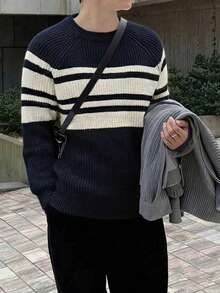 Men's Round Neck Knitted Contrast Striped Sweater, Versatile Casual Suitable For Autumn/Winter - Navy Blue - View 3