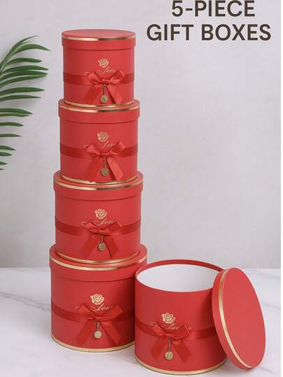 Set di 5 scatole regalo rotonde rosse con nastro e bordo dorato per un imballaggio elegante