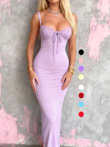 WOWDARK Women's Elegant Lace Patchwork Slit Slip Dress, Fitted Silhouette, Suitable For Christmas, Autumn