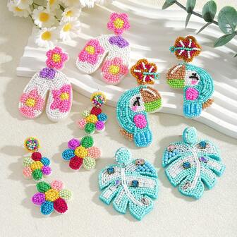 1 对手工串珠热带风格耳环，花朵、鹦鹉、龟叶夸张吊坠，防过敏，适合日常佩戴，是送给鹦鹉爱好者和波西米亚风格爱好者的完美礼物（手工制作，略有变化）