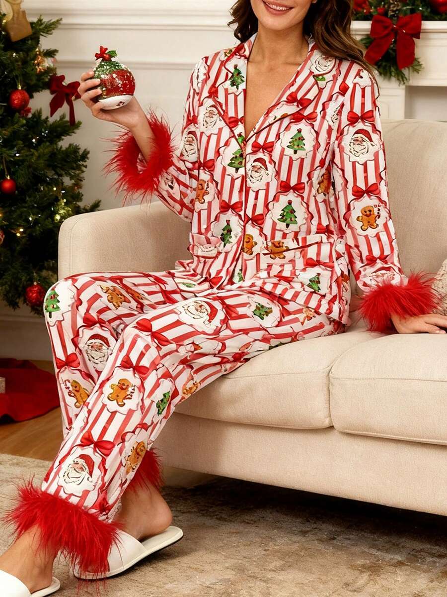 Women's Valentine Bow Print Feather Trim Loungewear Set - Satin Button-Front Pajama Set With Fluffy Cuff Detail For Spring - Đỏ - Xem 1