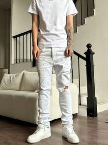 Men's Stretch Slim Fit Distressed Splatter Paint White Denim Jeans, Casual Street Style, Versatile For All Seasons - White - View 1