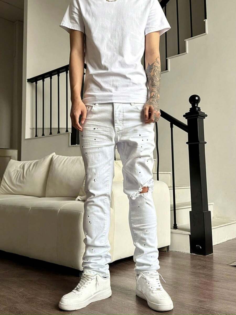 Men's Stretch Slim Fit Distressed Splatter Paint White Denim Jeans, Casual Street Style, Versatile For All Seasons - White - View 1