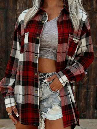 Chemise à carreaux rouges avec boutons et poches, manches longues, chemise décontractée à carreaux et à boutons-pression avec poche pour un port quotidien