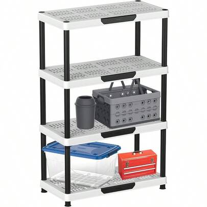 Duramax Plastic Shelving Rack 4 4 Tiers Heavy Duty Plastic Shelves Strong And Durable Racking Storage Unit For Indoor And Outdoor Use Garage Shelving System Black And White