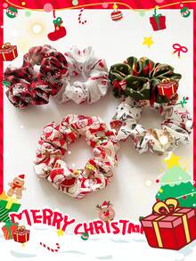 5pcs Women's Christmas Themed Plush Reindeer Horn & Christmas Tree Pattern Hair Scrunchies, Fashion Versatile High-End Hair Ties, Suitable For Christmas, Makeup, Hairstyling, Outfit Matching Ponytail