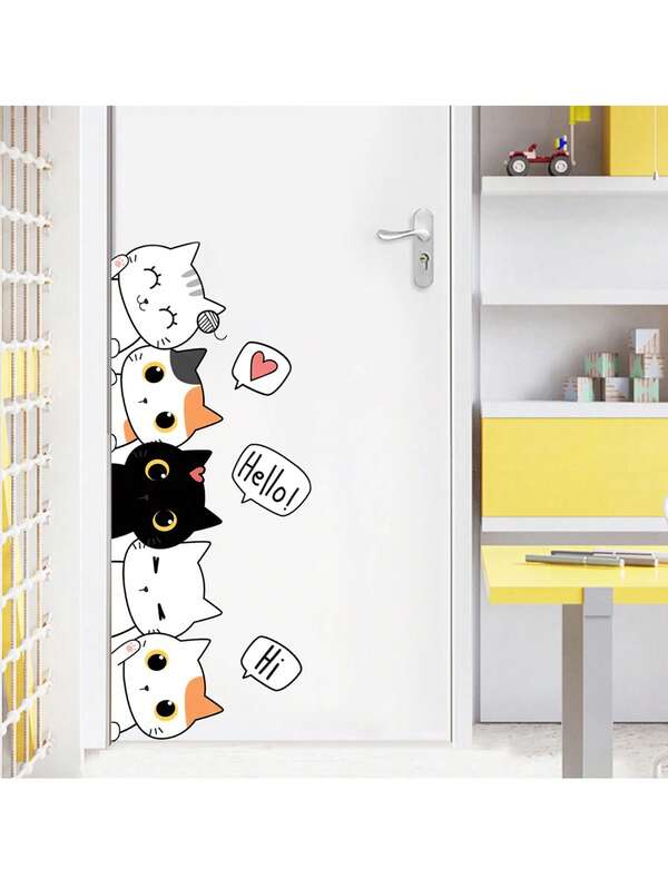 Cartoon Cat Children's Room Bedroom Door Sticker, Wardrobe Sticker, Home Decor Sticker, Self-Adhesive Wall Sticker, Wall Decor Poster, Glass Decor Painting Wall Stickers Room Decor Bedroom Decor Kitchen Decor