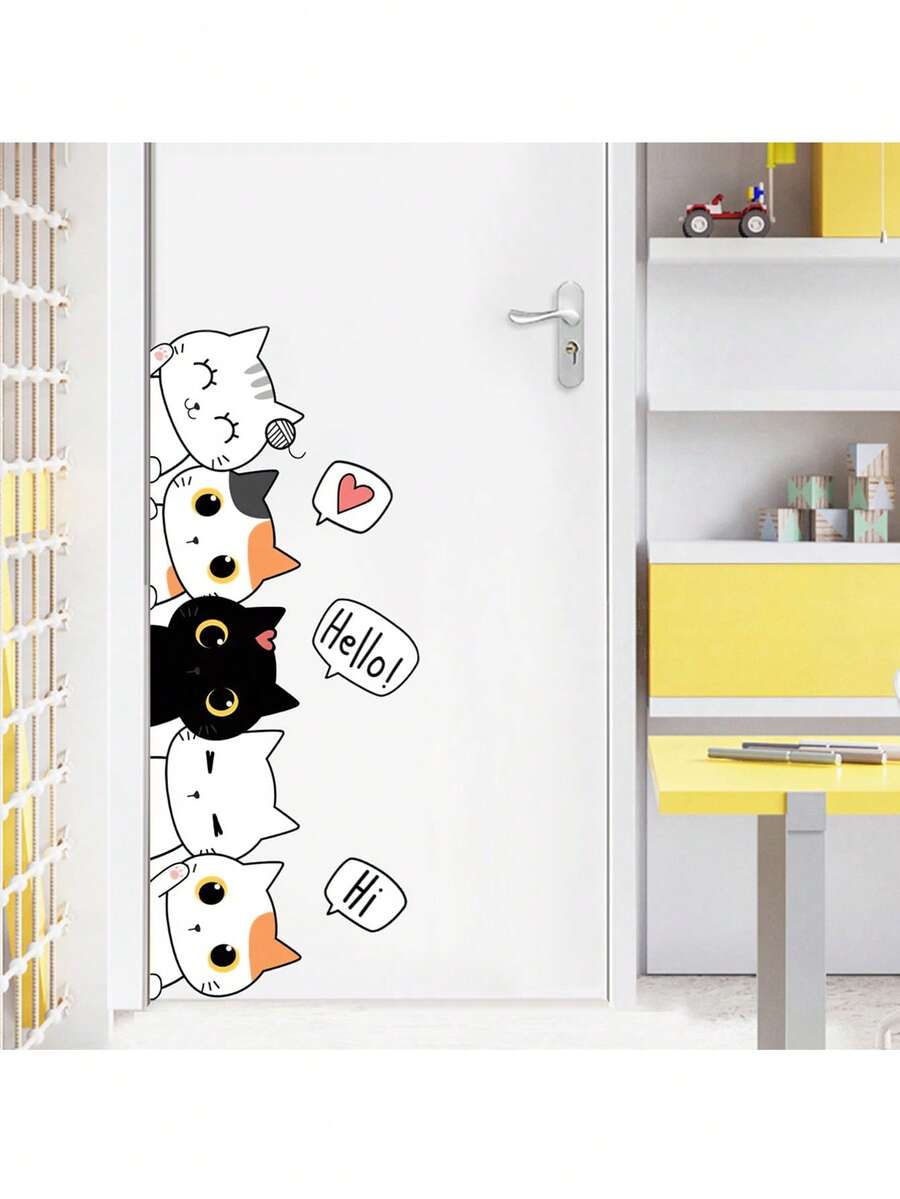 Cartoon Cat Children's Room Bedroom Door Sticker, Wardrobe Sticker, Home Decor Sticker, Self-Adhesive Wall Sticker, Wall Decor Poster, Glass Decor Painting Wall Stickers Room Decor Bedroom Decor Kitchen Decor