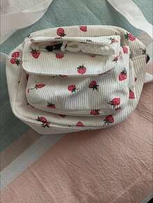 حقيبة صغيرة كورية الطراز من القطيفة الجديدة مع طباعة الفراولة ذات الخطوط الرفيعة، حقيبة هاتف نمطية عصرية للحمل عبر الجسم