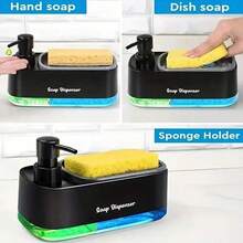 Hand And Dish Soap Dispenser Set For Kitchen, Dual Soap Dispenser With Sponge Holder, 3-In-1 Countertop Soap Pump Dispenser For Kitchen Sink, Useful Kitchen Gadgets Liquid Dispenser, Home Organizer - màu đen - Xem 4