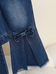 Girls' Denim Jacket With Bow Decor And Jeans Set, Casual Outfit For Spring/Autumn - 深色水洗藍 - 查看 7