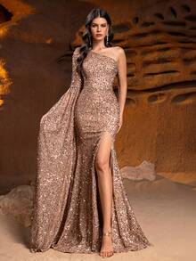 Faeriesty Vestido de noche formal de mujer con un solo hombro, manga dramática hasta el piso, abertura alta en la pierna y bajo de sirena elegante. Perfecto para galas de etiqueta negra, bodas formales, bailes de caridad de lujo, galas corporativas de alta gama y ceremonias de premiación de alta categoría. - Caqui - Ver 3