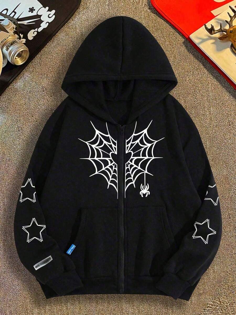 1pc Tween Girl Loose Casual Sports Versatile Spider Print Hoodie Sweatshirt, Streetwear Pullover For Spring And Autumn