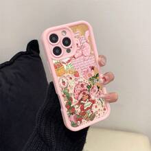 Pink Case Para Phone With Strawberry Girl And Flower Cat Patterns, Suitable For 16/15/14/13/12/11, To Give To Family/Friends/Lovers - 粉色 - 查看 3