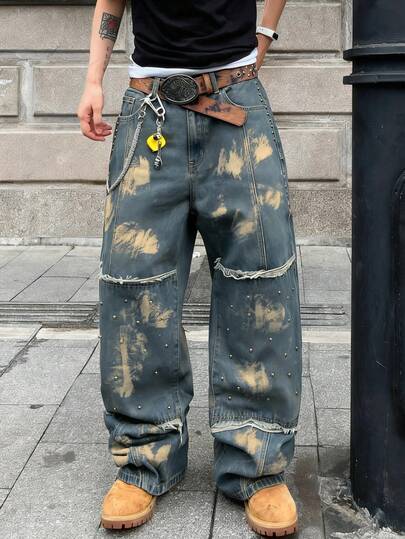 1 buc blugi vintage americani de stradă, cu nituri uzate, cu picior larg, la modă, croială lejeră, confortabili, casual, din denim, pentru bărbați (curea și accesoriile nu sunt incluse)