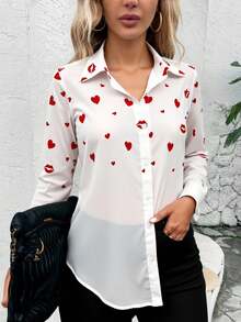 Camisa blanca de mujer con estampado de corazones y labios rojos, blusa con botones - Blanco - Ver 2