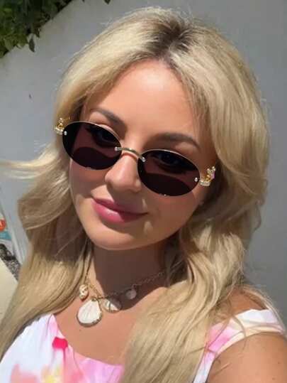 1pc Women's Metal Rimless Oval Small Frame Vintage Glasses Rivet Elegant Personalized Ins Style Luxury High-End Chic European And American Cool Design Rhinestone Decor Fashion