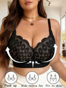 Women's Plus Size Lingerie Black Printed Lace Underwire Bra Fashionable And Comfortable Can Be Worn Daily ,Lift Anti-Sagging Bra