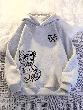 Teen Boys' Light Gray Cartoon Bear Print Lightweight Warm Hoodie, Thermal Lined, Pullover, Suitable For Autumn/Winter, Teen Boys Gifts