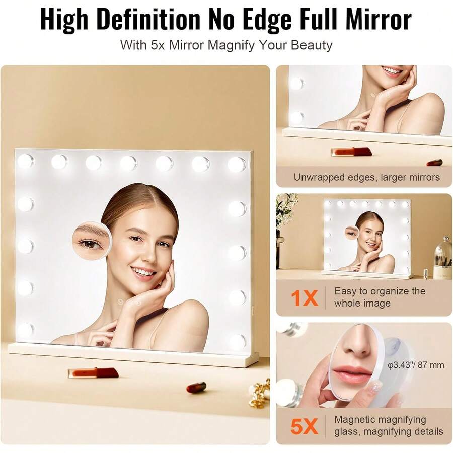 Vanity Mirror With Lights,15 Dimmable Bulbs &3 Color Lighting Modes, Makeup Mirror W/Detachable 5X Magnification,USB Port,Smart Touch Control,Desktop Wall-Mount(22.8x18.1 In, White)