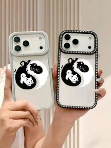 Yin Yang Cat Print Rhinestone Frame Phone Case For IPhone 17 16 15 14 13 12 11 - Cute Cartoon Pattern Shockproof Protective Cover For Women Girls - Fashion  Daily Accessory - White - View 3