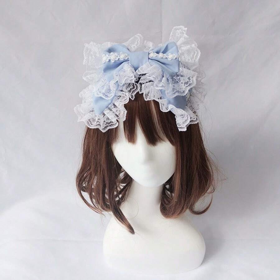 ​​Tea Party Confession Handmade Lace KC Lolita Big Bow Headband Lolita Daily Afternoon Tea Hair Accessory Best Friend Date Gift​​ - Màu xanh lam - Xem 1