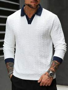 男士V领Polo衫，弹力提花面料，修身长袖针织运动服 - 白色 - 查看 2