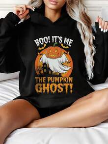 Sudadera con capucha y estampado de fantasma de calabaza de Halloween Boo It's Me para mujer, informal, de manga larga, con hombros caídos - Negro - Ver 1