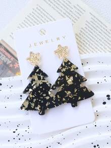 1 paire de boucles d'oreilles arbre de Noël noir et or pailleté en acrylique, boucles d'oreilles étoiles exagérées mignonnes et intéressantes, boucles d'oreilles cadeaux pour fête des fêtes - Sapin de Noël noir - Voir 2