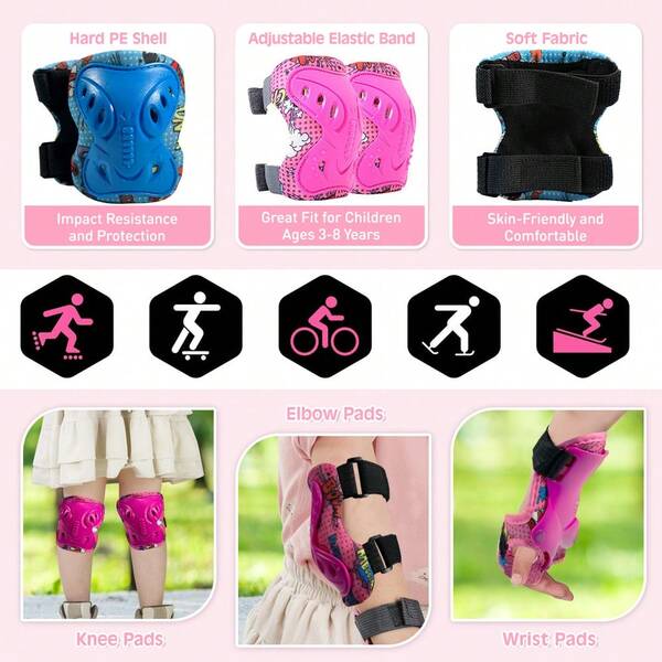 Kids Protective Gear Set - Knee Pads Elbow Pads With Wrist Guards For Ages 3-12| 3-In-1 Safety Protective Gear For Skating, Cycling, Biking, Roller Skates, Scooters