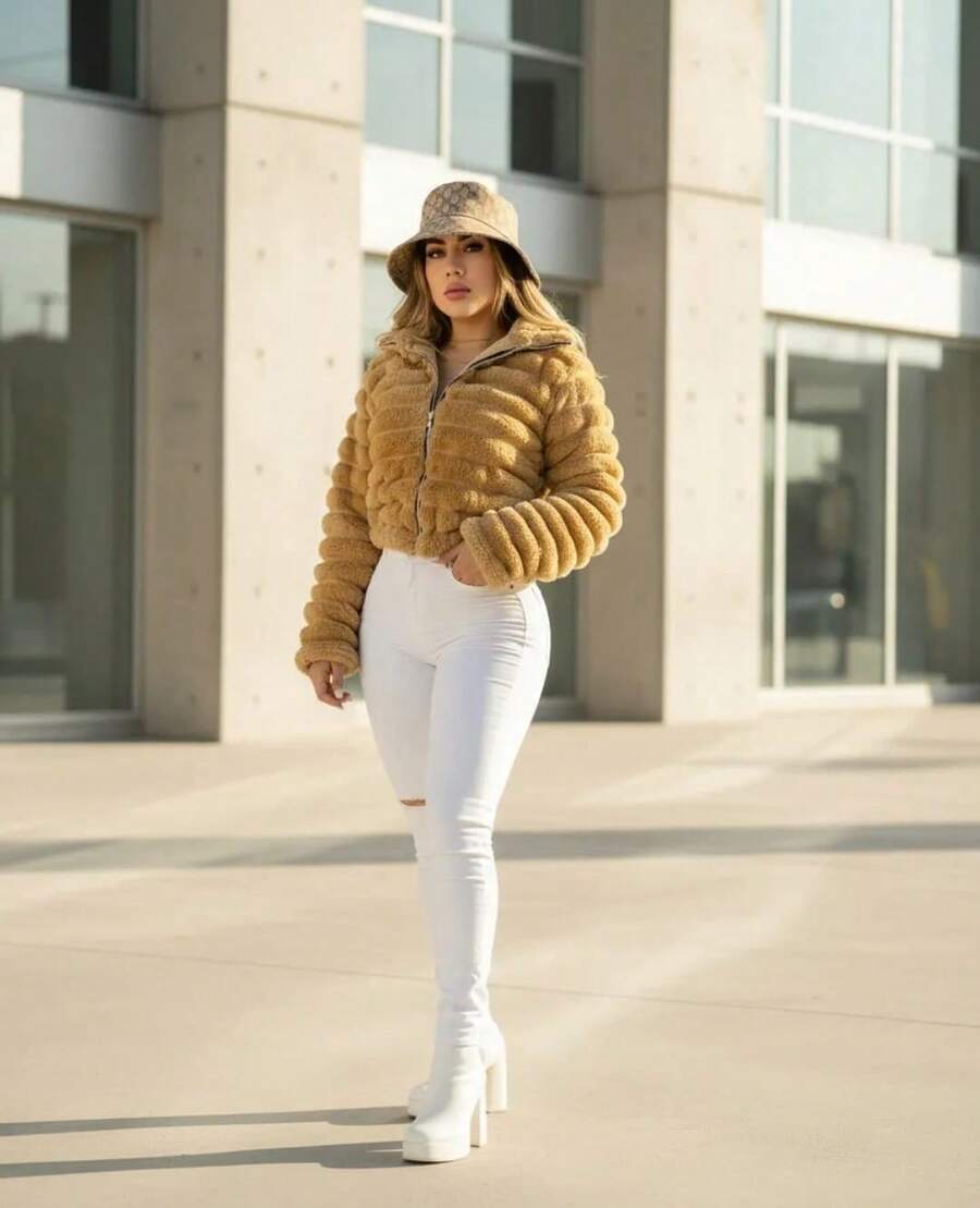 CHAMARRA  TORERA A LA CINTURA CON CIERRE PARA MUJER INVIERNO JUVENIL CALIENTITA - Caqui - Ver 1