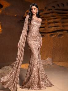 Faeriesty Vestido de noche formal de mujer con un solo hombro, manga dramática hasta el piso, abertura alta en la pierna y bajo de sirena elegante. Perfecto para galas de etiqueta negra, bodas formales, bailes de caridad de lujo, galas corporativas de alta gama y ceremonias de premiación de alta categoría. - Caqui - Ver 8