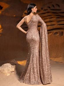 Faeriesty Vestido de noche formal de mujer con un solo hombro, manga dramática hasta el piso, abertura alta en la pierna y bajo de sirena elegante. Perfecto para galas de etiqueta negra, bodas formales, bailes de caridad de lujo, galas corporativas de alta gama y ceremonias de premiación de alta categoría. - Caqui - Ver 2