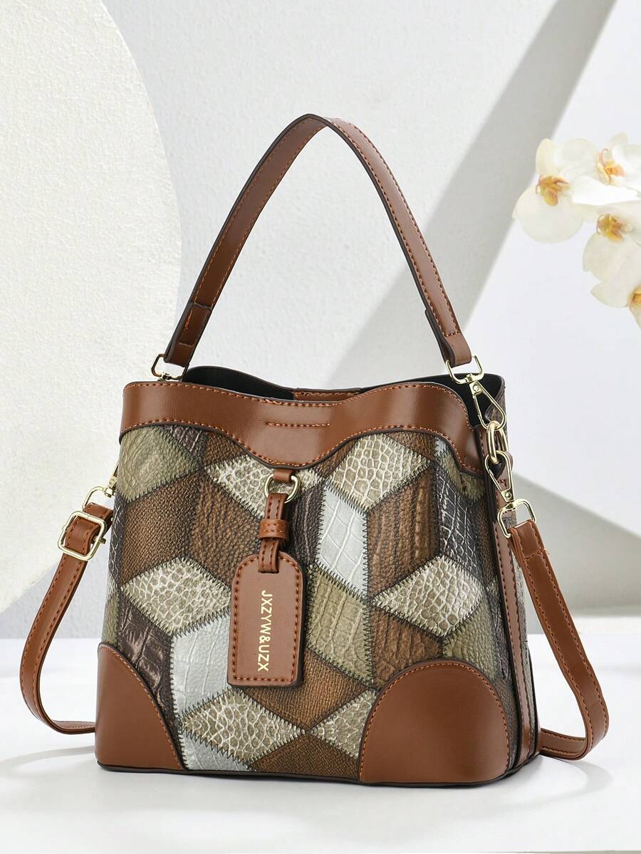 女士大容量压花水桶包，3 个口袋，简约休闲单肩包/斜挎包，用途广泛 - 焦糖色 - 查看 1