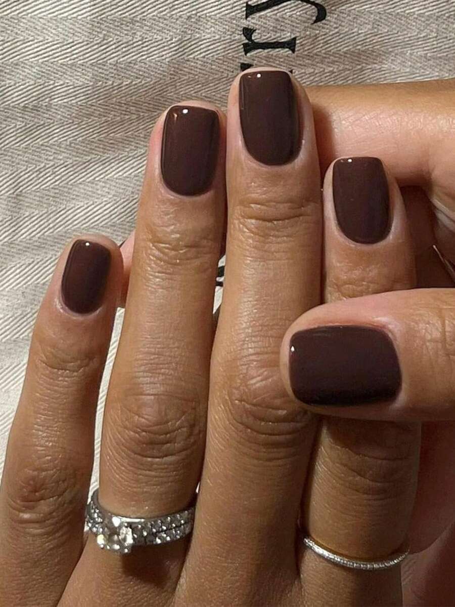 Bộ 24 miếng dán móng tay acrylic ngắn, hình vuông, màu nâu, bề mặt nhẵn mịn, kiểu dáng tự nhiên, kích thước nhỏ gọn dành cho nữ, phụ kiện làm móng mùa thu/đông. - Nhiều màu - Xem 1
