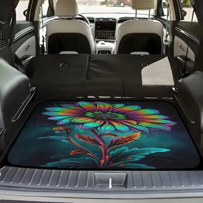 1 Stück bunter Sonnenblumen-bedruckter Kofferraummatte, geeignet für SUV, Limousine, Lkw - für Reisen, Camping und Haustiernutzung - Auto-Zubehör, Kofferraum-Auskleidung, Fahrzeug-Innenraumschutz, lebendiges Design, leicht zu reinigendes Material