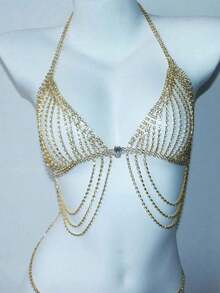 一件夜店闪亮流苏水晶胸罩，时尚比基尼上衣，适合夏季海滩派对，水晶胸链 - 金色 - 查看 5