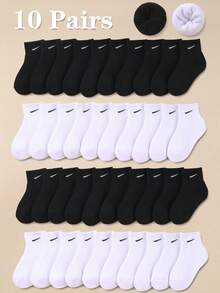 10双黑白儿童毛圈袜 运动袜 适合秋冬季日常生活/穿衣 男童女童 保暖舒适 毛绒 （1-16岁）