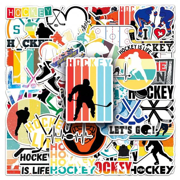 50pcs Hockey Themed Stickers Cartoon Sports Decals Hockey Gifts Hockey Stickers Sports Stickers For Water Bottle, Hydroflask, Guitar, Luggage, Phone, Case, Laptop, Skateboard, Gift