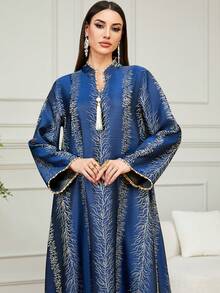 Elegant Women's Kaftan Dress, Gold Abstract Pattern, V-Neck, Long Length Non-Stretch Fabric - Navy Blue - View 2