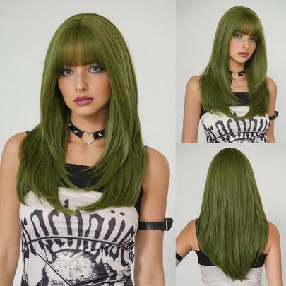 PIAOYUN Long Straight Green Wig For Women Natural Synthetic Loose Layered Hair Wigs With Curtain Bangs Vanilla Cosplay Wigs