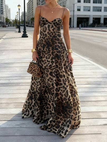 WOWDARK Women's Fashionable Sexy Leopard Print Vacation A-Line Slip Dress, Autumn