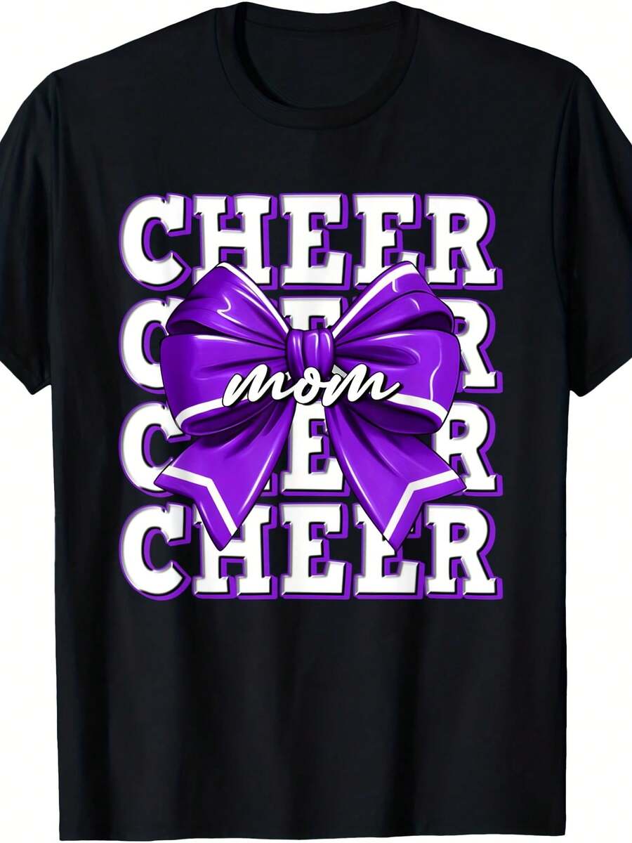 Cheer Mom Purple Bow Cheerleader Compeion Game Day T-Shirt - Style 20 - View 1