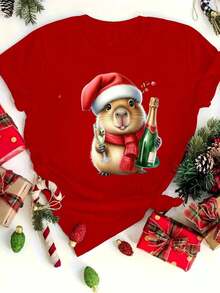 Camiseta de Navidad para Mujer con Capibara Blanca - Manga Corta, Cuello Redondo, Estampado de Gorro de Santa y Capibara, Conjunto Festivo para Todas las Estaciones, Idea de Regalo Navideño (Envío Local) - Camiseta de Animal Tierno para Fiestas y Atuendos Casuales - Rojo - Ver 2